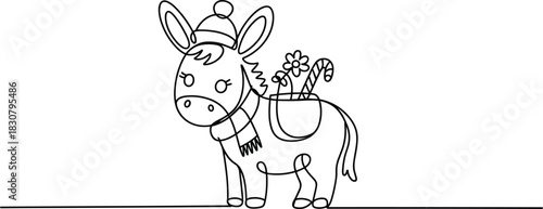 Adorable cartoon donkey wearing winter hat and scarf carrying Christmas gifts in saddlebag