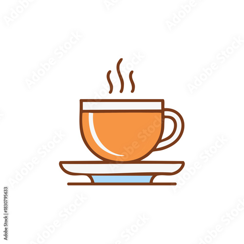 Steaming cup of coffee or tea on saucer in an illustrated design