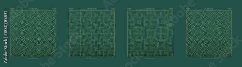 Matcha Tea Packaging Pattern Set. Japanese Green Minimal Maze Circle and Floral Designs. Green Tea Matcha Premium Ornaments for Posters, Banners, Wrapping, Packing. Deep emerald circle, maze, square.
