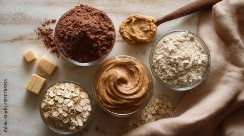 Breakfast ingredients oats cocoa peanut butter