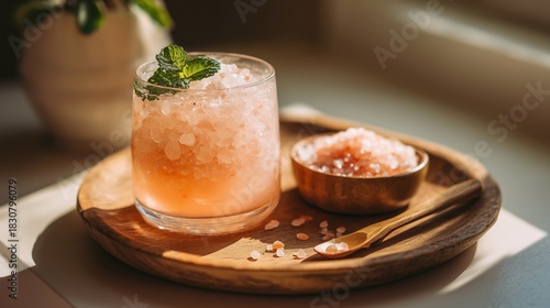 Spa pink salt scrub in glass