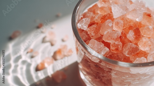 Pink salt crystals in glass