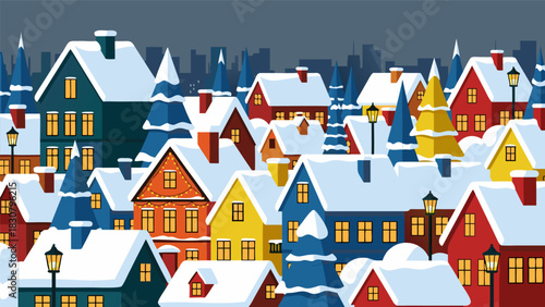 Vibrant vector illustration of a cozy winter town with snow-covered houses, glowing streetlights, and festive fir trees, capturing a peaceful holiday ambiance
