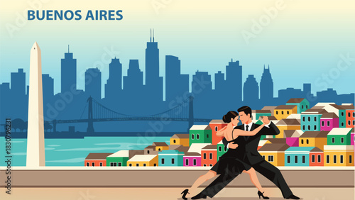 Buenos Aires Tango Dancers Silhouetted Against a Colorful Cityscape, a Representation of Argentinian Culture and Travel