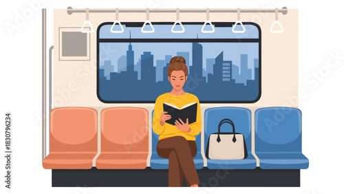 Young woman reading a book on a subway train with a city skyline visible through the window, inside transportation concept