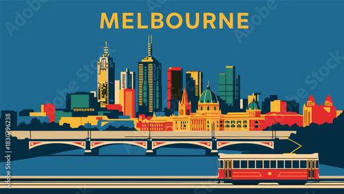 Melbourne city skyline travel poster illustration with iconic buildings and a tram, perfect for travel or city guides
