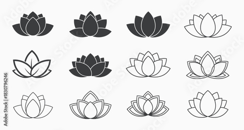 Collection of lotus flower illustrations in various styles and techniques