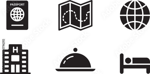 Travel and Accommodation Icons Set with Black Outline on White Background Keywords: travel