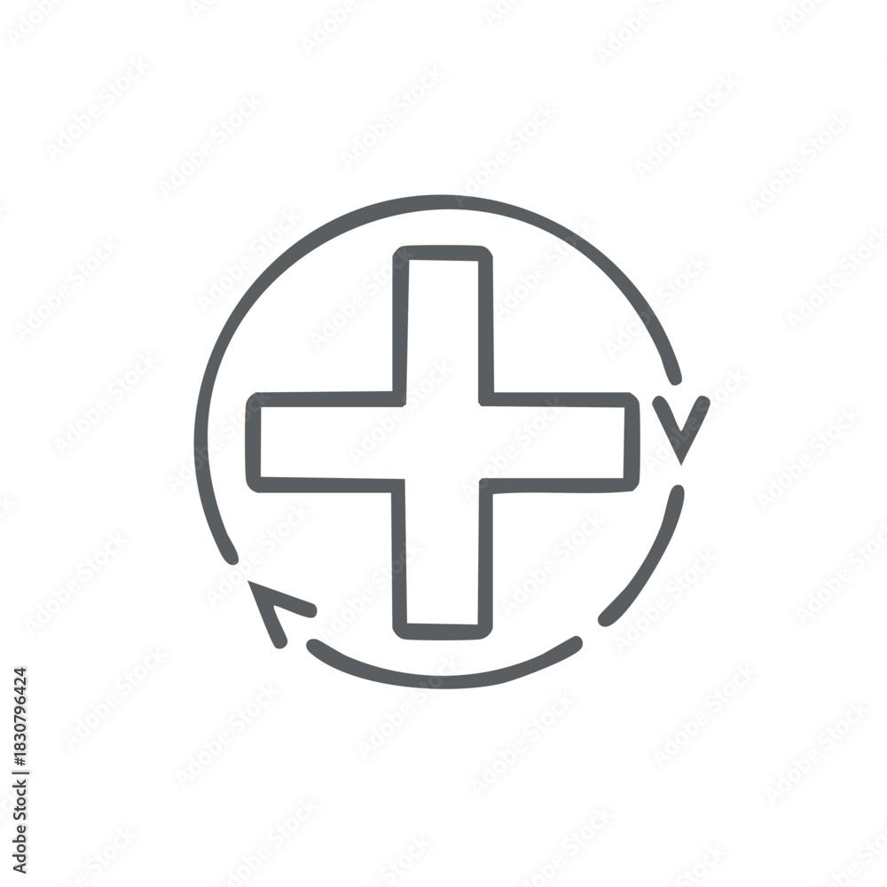 Obraz premium Simple medical cross icon with a circular arrow for healthcare recovery and continuous care