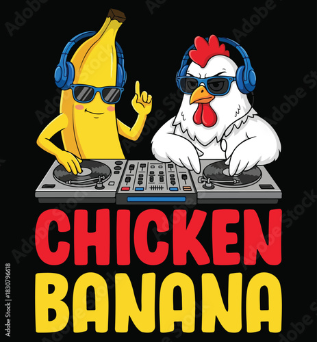 Funny DJ Chicken and Banana Cartoon Music T-Shirt Vector Design.