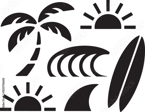 Tropical Beach Elements Silhouette Icons Palm Tree Wave Surfboard Sun Keywords: beach, tropical