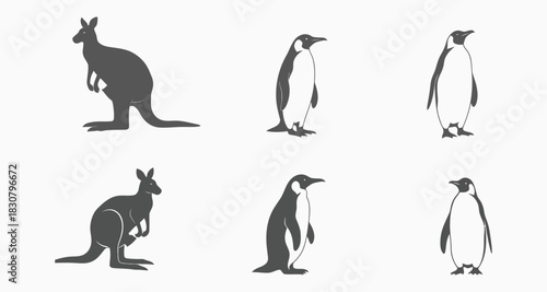 Kangaroo and penguin silhouettes on white background for design elements