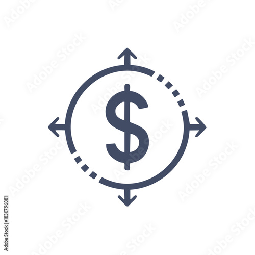 Dollar sign encircled with navigational arrows pointing in different directions suggesting financial growth