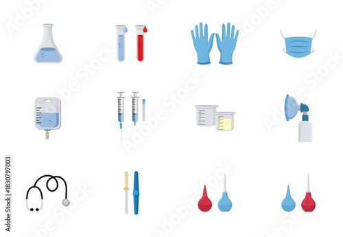 Vector illustration of hospital instruments and medical equipment. Medical supplies set