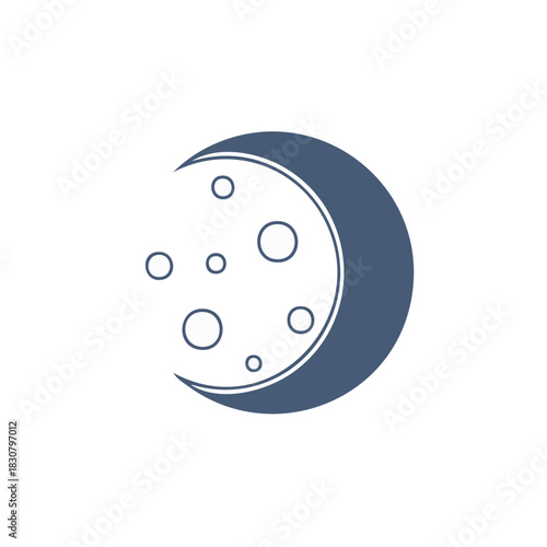Stylized crescent moon with craters and a thin orbit line against a white background