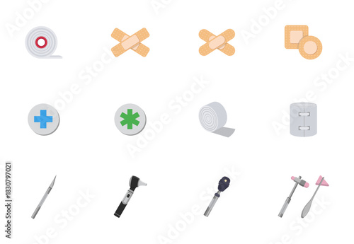 Vector illustration of hospital instruments and medical equipment. Medical supplies set