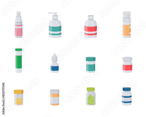 Medical bottle with label. Flat vector illustration. Set of medical packaging