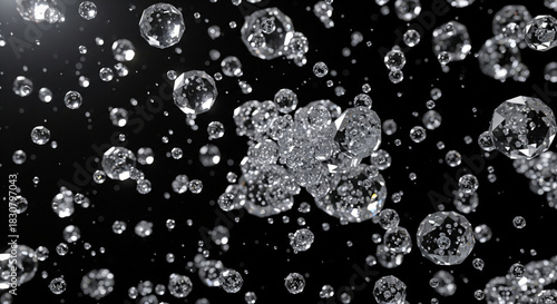 Falling diamonds and crystal spheres on black background. Abstract luxury 3D illustration with bokeh