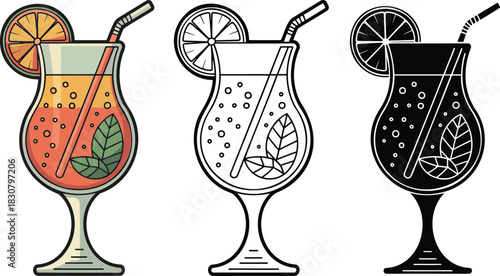 Alcoholic cocktails silhouette & Outline and illustration set isolated on transparent background