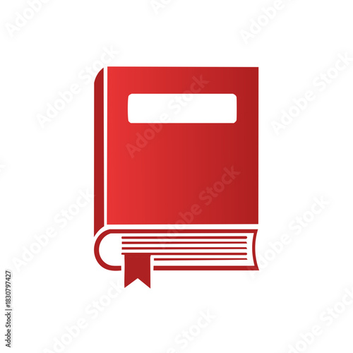 A simple red open book with a bookmark icon and a white rectangle on the cover