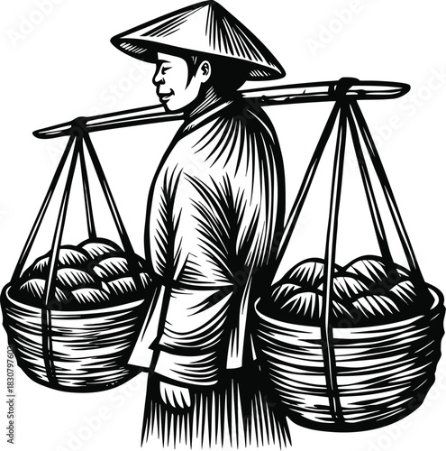 Traditional Asian Farmer Illustration Set  Vintage Conical Hat Worker, Shoulder Pole Basket Carrier & Rural Harvest Line Art Collection
