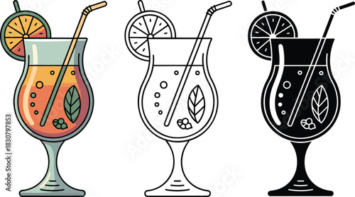Alcoholic cocktails silhouette & Outline and illustration set isolated on transparent background