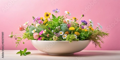 A vibrant arrangement of wildflowers in a pristine white bowl, showcasing a profusion of colors and textures against a soft pink backdrop