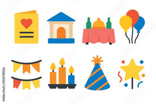 Festive celebration icons: party hat, balloons, candles, banners, and more for event design