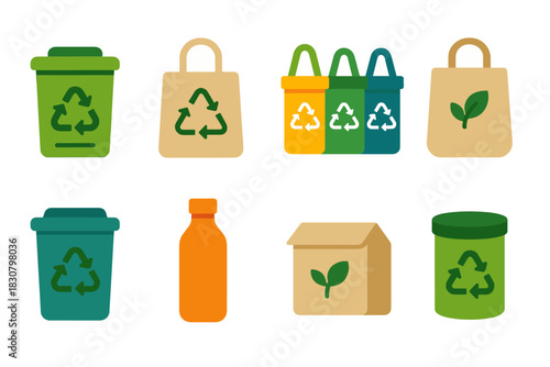Eco friendly recycling and sustainable packaging icons for environmental awareness design