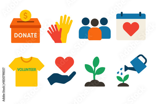 Community support and charity icons for volunteer initiatives and environmental awareness