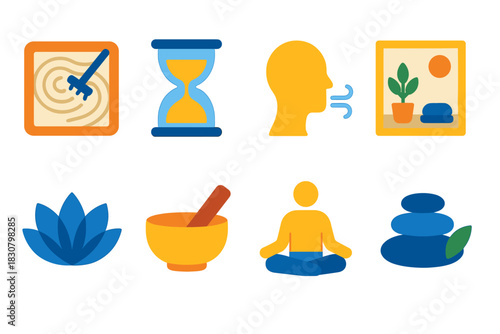 Meditation and relaxation icons featuring zen garden, yoga, and mindfulness elements