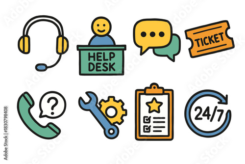 Customer service and support icons set for assistance and communication