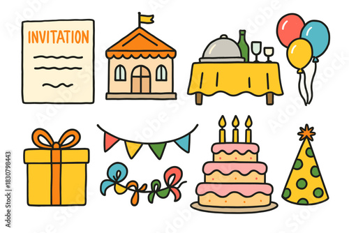 Birthday celebration elements with cake, balloons, and party decorations