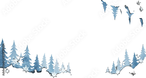 A watercolor illustration of a winter forest scene with snow-covered pine trees.
