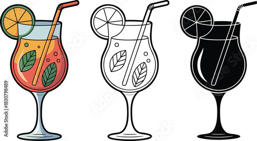Alcoholic cocktails silhouette & Outline and illustration set isolated on transparent background