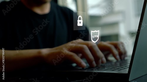 VPN Concept. A man using VPN for remote working. Remote working at the outdoor