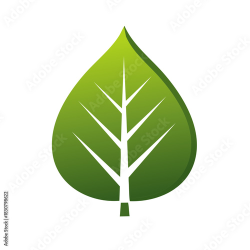 Single isolated green leaf emblem with simplistic organic veins, a symbol of nature and growth, design element for eco-friendly products.