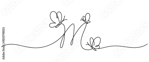 Elegant Letter M Monogram with Delicate Butterflies in Continuous Line Art Style