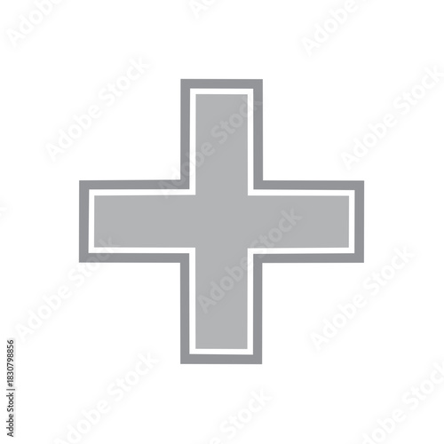 Gray cross medical sign with white border on a white background medicine health care plus sign