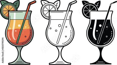 Alcoholic cocktails silhouette & Outline and illustration set isolated on transparent background