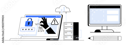 Hacker accessing secure data on laptop with alert icons, encryption visuals, cloud server, desktop, and pencil, highlighting data breach, protection, access control, technology analysis IT