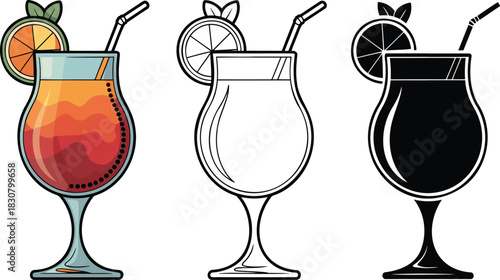 Alcoholic cocktails silhouette & Outline and illustration set isolated on transparent background
