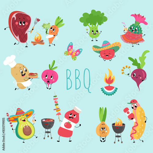 Cartoon bbq food characters. Positive tomato, potato broccoli carrot and onion. Meat steak and hot dog, avocado with cocktail on barbecue, nowaday vector clipart