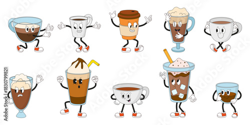 Groovy coffee mugs. Various hot beverages, coffee shop drinks. Americano espresso cappuccino latte with creamy hats. Retro characters neoteric vector set