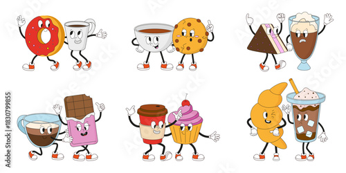 Retro coffee desserts characters. Cartoon cookies, glazed donut, cake, muffin and croissant with hot beverages. Cocoa, latte with cream, neoteric vector set