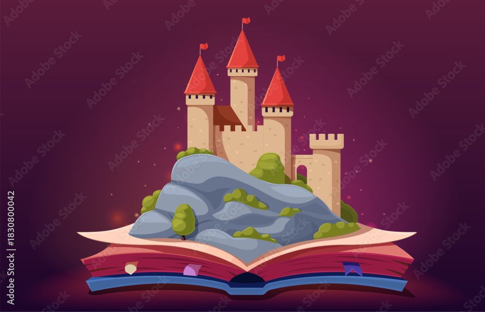 Fototapeta premium Open book with castle on rock. Fairytale notebook, magic scene, imagination metaphor. Literature for children template background, sapid vector design