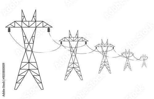 Black voltage wires. Power line live, distance extending transmission. Electricity line constructions, energy supply equipment sapid vector elements