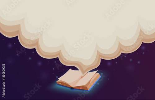 Empty cloud from open book. Banner for library, education, diploma template design. Reading books and imagination, fantasy sapid vector scene