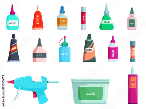 Plastic glue bottles. Containers tubes with glue, office stationery elements. Tools for repair, sealant, gluing paper and children crafts, sapid vector clipart