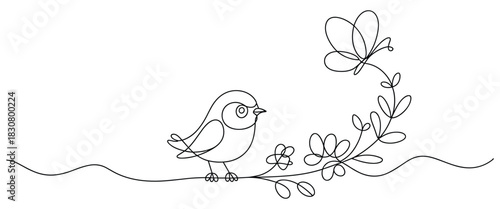 Minimalist Single Line Drawing of a Bird on a Branch with a Butterfly and Flowers
